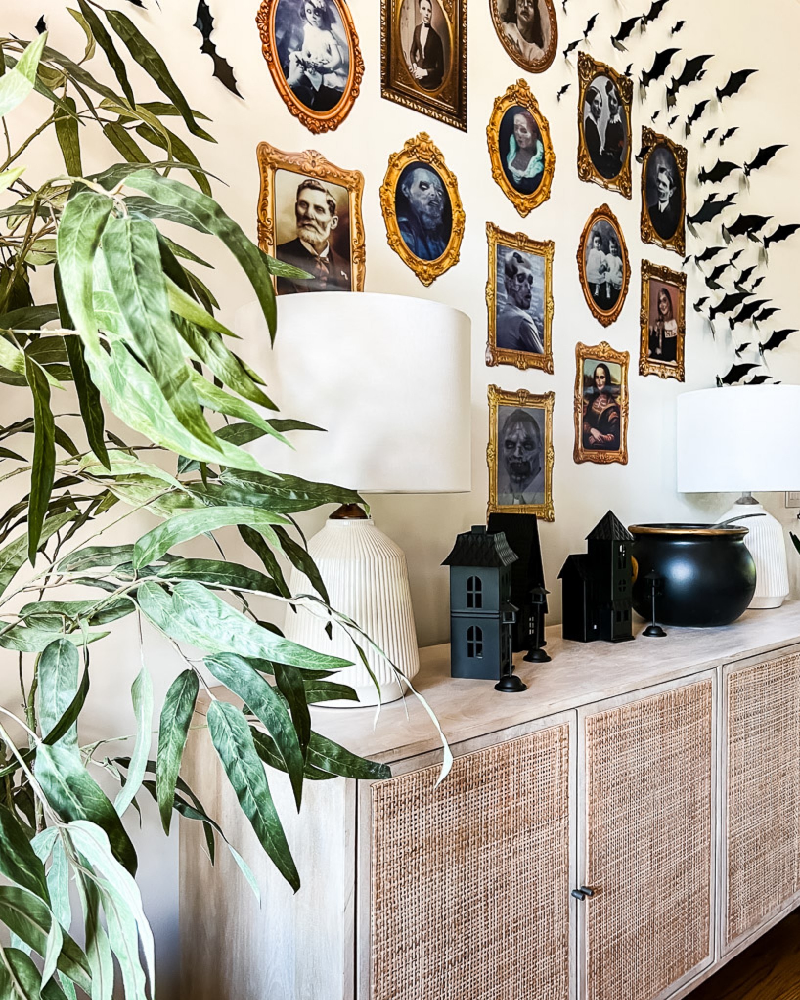 Halloween decor, Halloween decorations, 3-D Halloween portraits, cane Console table, faux olive tree, Serena and Lily capiz pendant light, dash and Albert, Annie Selke rug, 3-D bats, cauldron, Halloween houses, Halloween 2022 

#LTKSeasonal #LTKHalloween #LTKhome