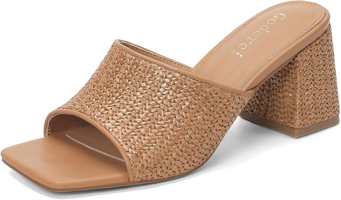 Raffia Heels Square Open Toe Slip On Mid Heeled Sandals Woven Mule Chunky Heels for Women | Amazon (US)