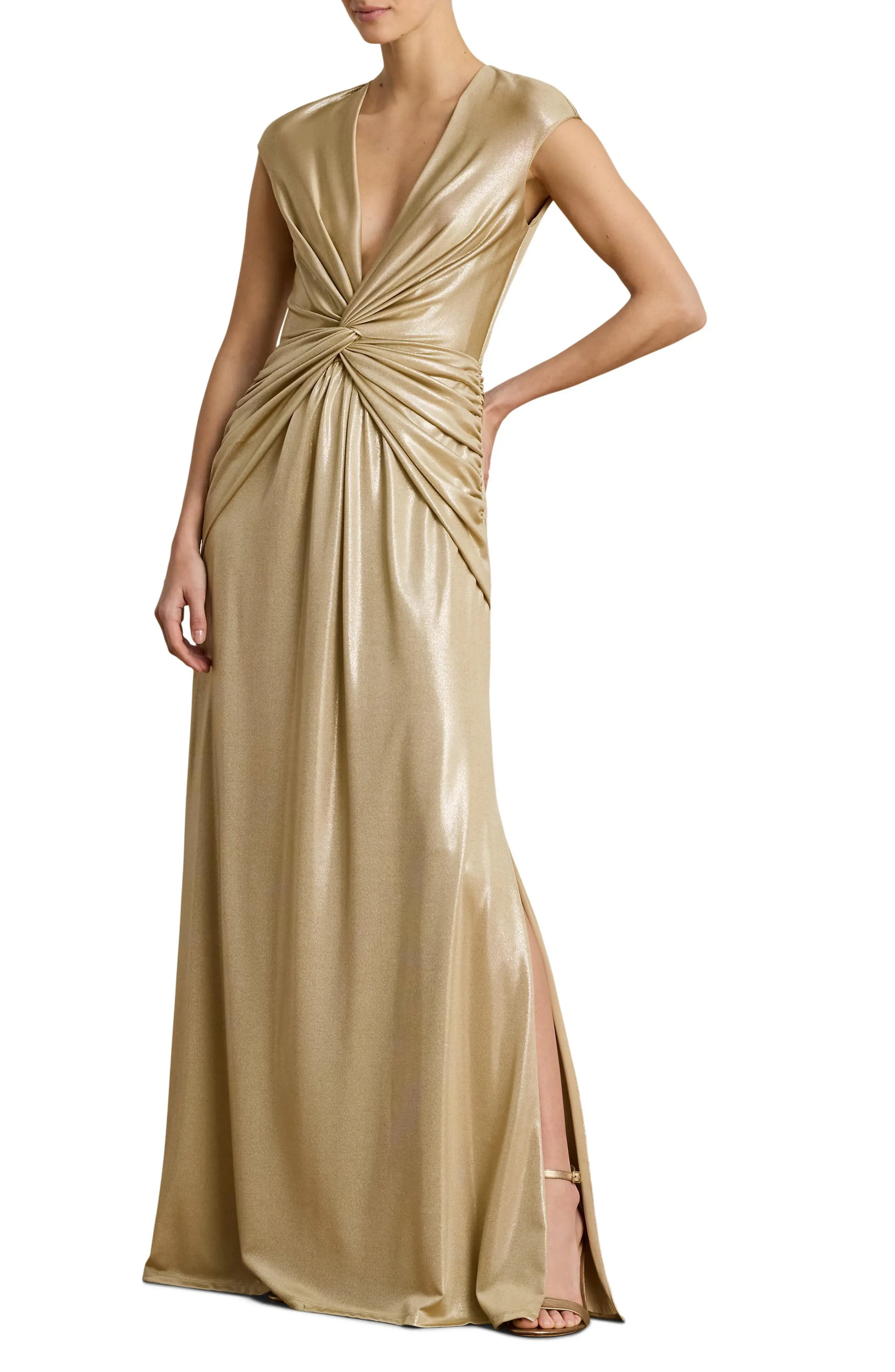 Twist Front Metallic Cap Sleeve Gown (Women) | Nordstrom | Nordstrom