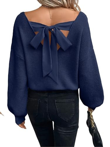 V Neck Sweaters Woman,Off The Shoulder Sweater Top,Fitted Long Sleeve Shirt Women,Tie Back Sweater,Knit Sweater Navyblue | Amazon (US)