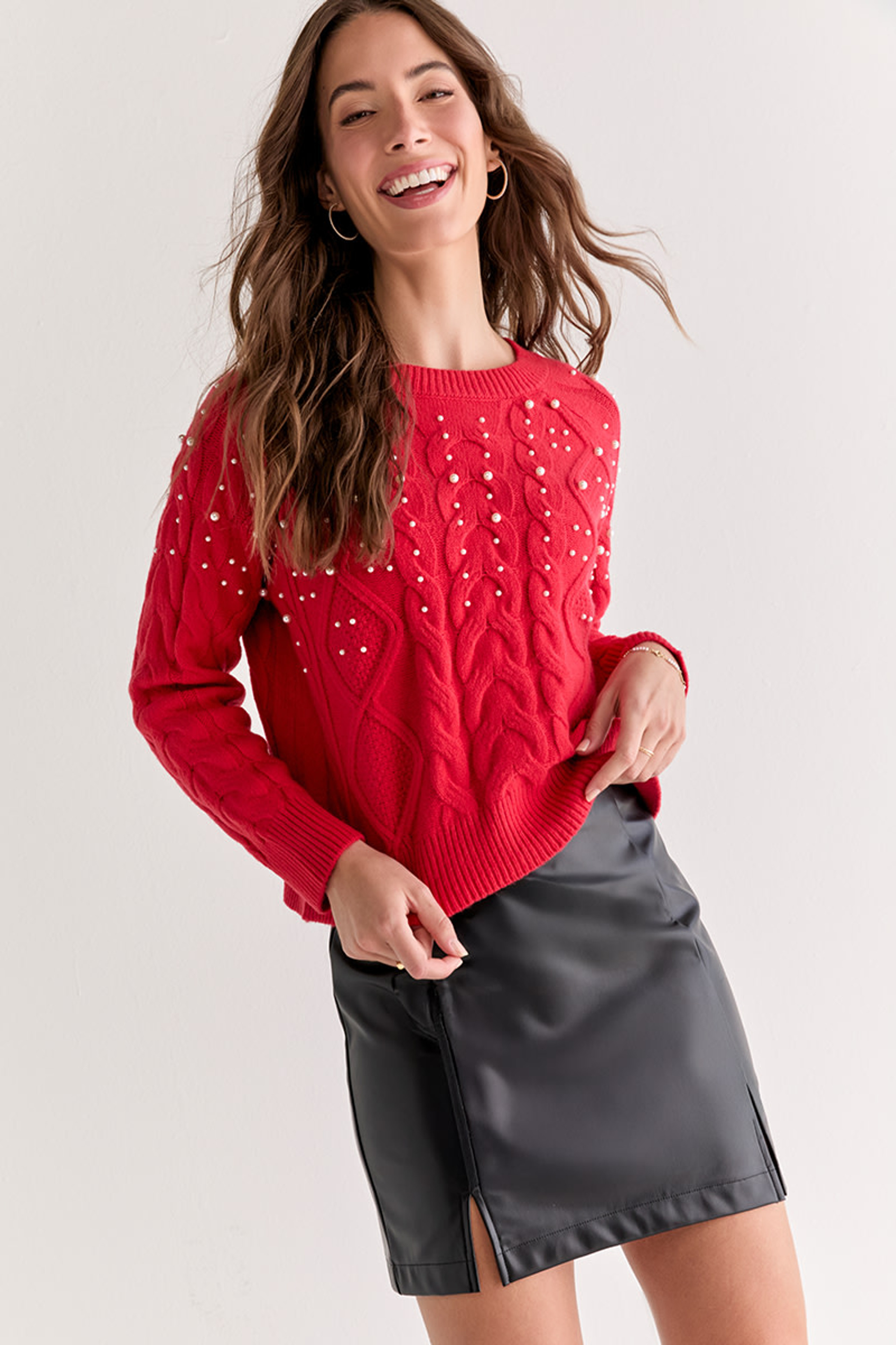 Beverly Pearl Embellished Cable Pullover Sweater | Francesca's