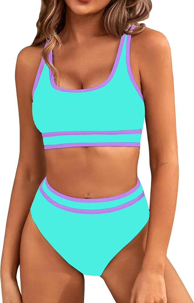 BMJL Women's High Waisted Bikini Sets Sporty Two Piece Swimsuits Color Block Cheeky High Cut Bath... | Amazon (US)