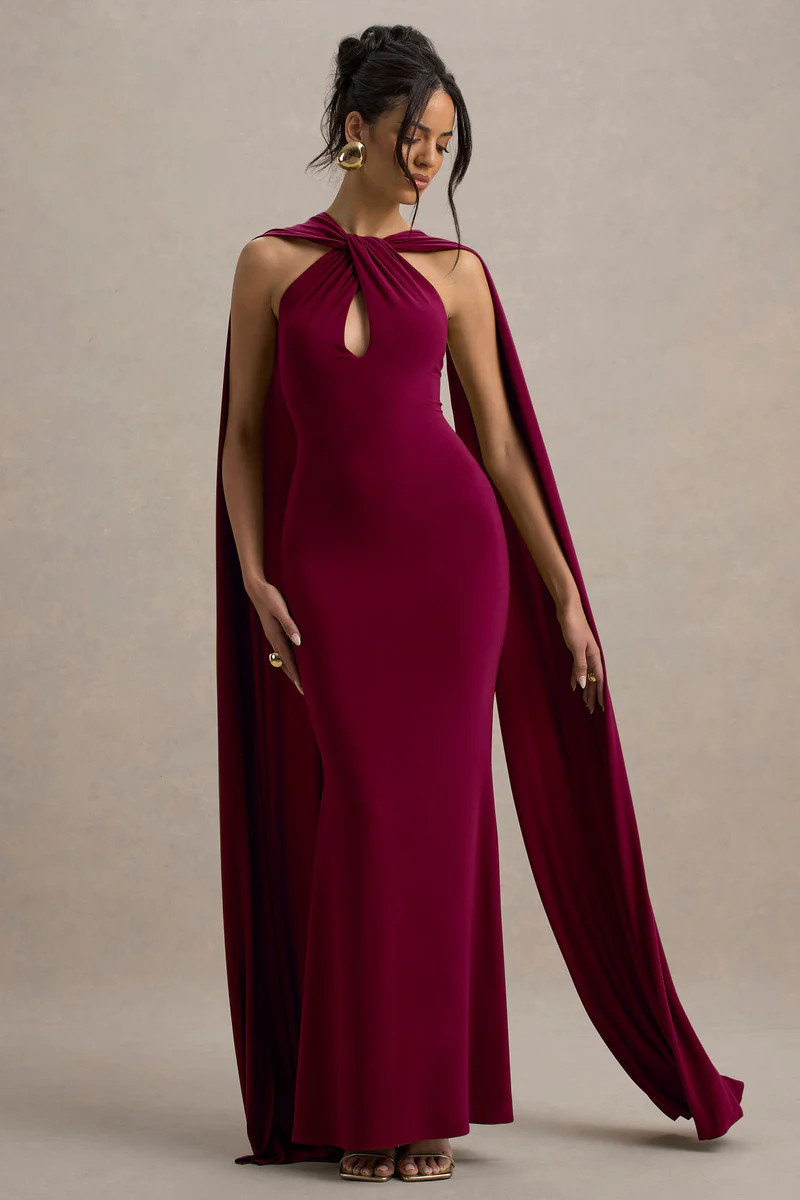 Rhoda | Burgundy Twist Halter-Neck Cape Maxi Dress | Club L London
