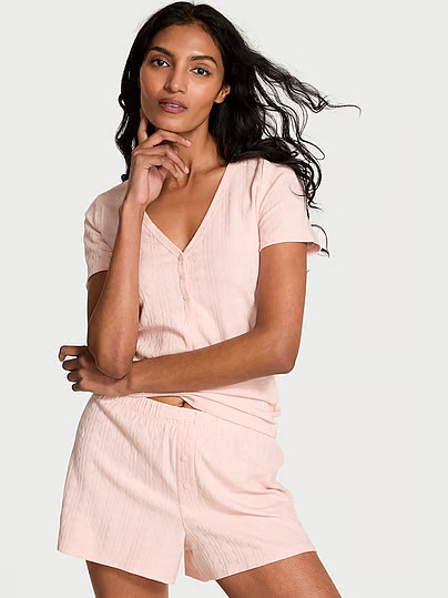 Heart Pointelle Short-Sleeve Henley & Shorts Set, Pink, L - Women's Pajama Sets - Victoria's Secret | Victoria's Secret (US / CA )