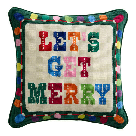 Small Multicolor Needlepoint Let's Get Merry Throw Pillow by World Market | World Market
