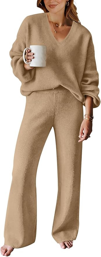 ANRABESS Women 2 Piece Outfits Sweater Lounge Sets Long Sleeve Cable Knit Pullover and Wide Leg P... | Amazon (US)