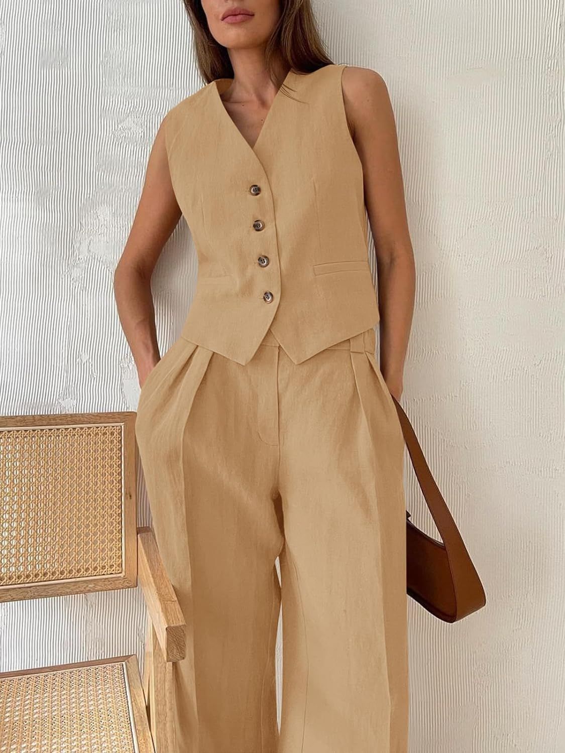 Cicy Bell Women's 2 Piece Outfits V Neck Crop Vest Blazer and Wide Leg Suit Pants Sets | Amazon (US)