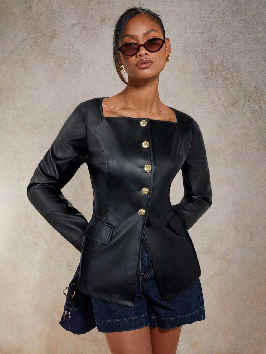 COSMINA Fall Clothes Women Square Collar Long Sleeve Single Breasted Faux Leather Fashion Blouse,Shirts Gor Women | SHEIN