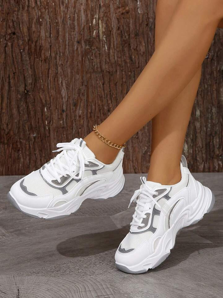 Lace-up Chunky Sole Sneakers Featuring Letter Embroidery And Round Toe For Women | SHEIN