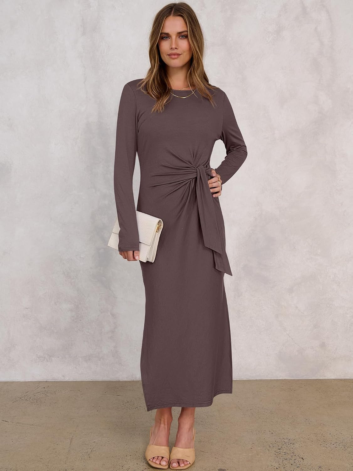 ANRABESS Women's Fall Long Sleeve Tie Waist Casual Maxi Dress | Amazon (US)