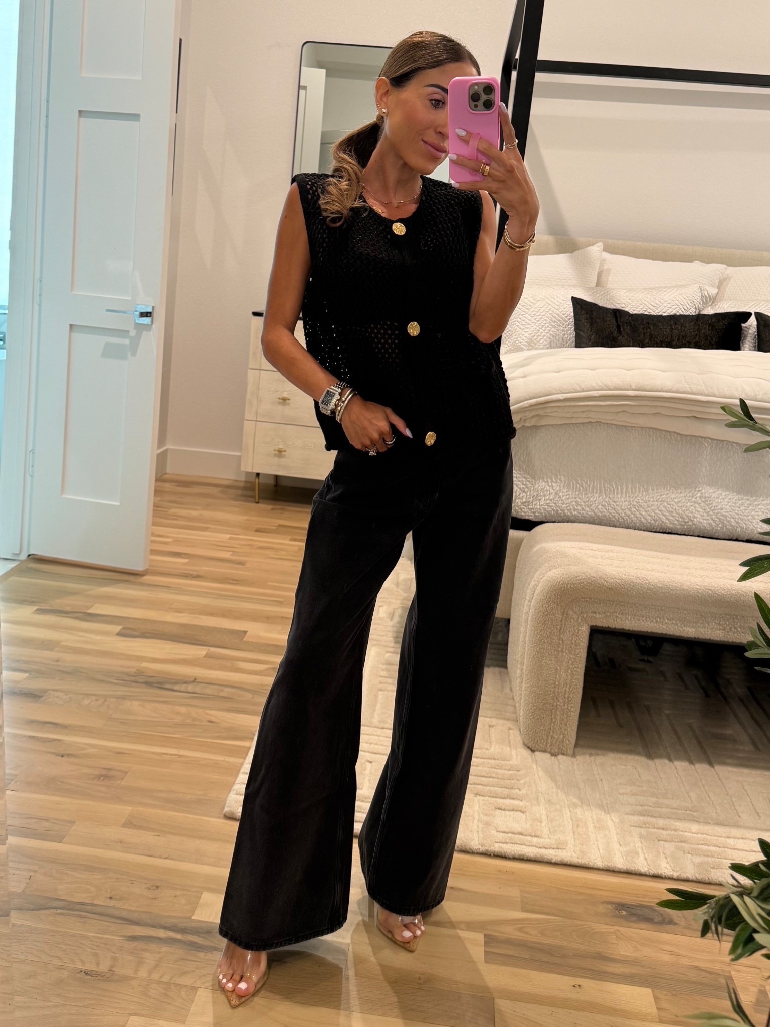 Amazon black crochet button vest smallest size black wide leg jeans size 24 

#LTKPetite