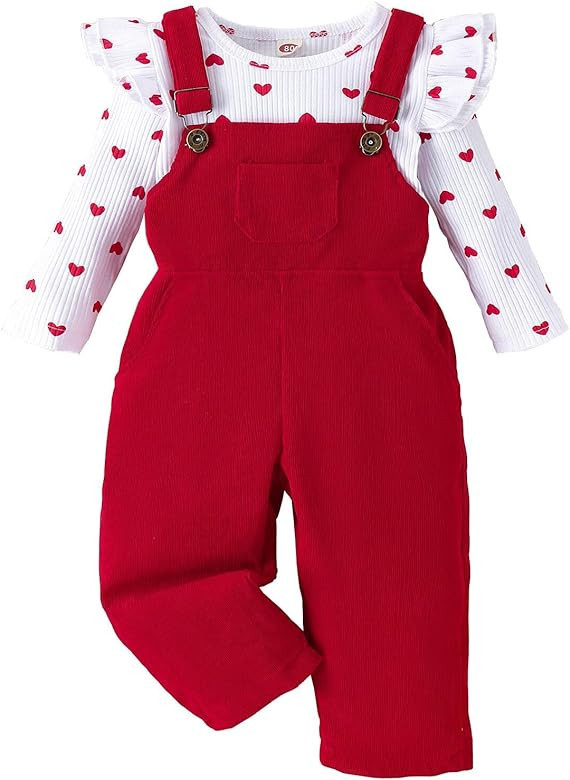 Toddler Baby Girl Valentine's Day Clothes Ruffled Sleeves Top Heart Bell Bottoms Flared Overalls ... | Amazon (US)