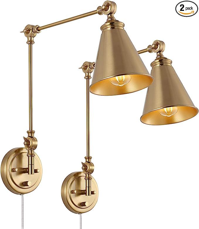 WINGBO Gold Swing Arm Wall Lamp Set of 2, Modern Adjustable Wall Mounted Sconce, Warm Brass Finis... | Amazon (US)