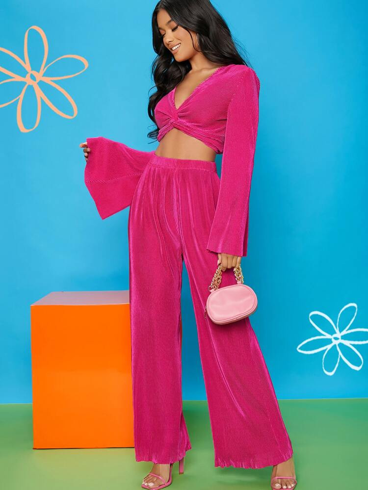SHEIN Twist Front Trumpet Sleeve Top & Wide Leg Pants | SHEIN