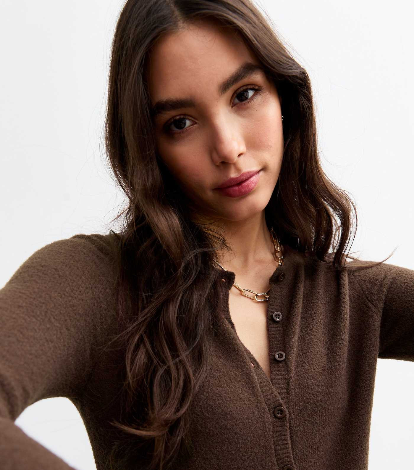 Brown Crew Neck Fluffy Knit Cardigan | New Look | New Look (UK)