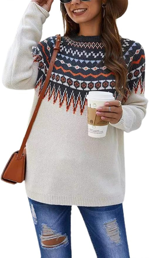 chouyatou Women's Casual Crewneck Knitted Fair Isle Print Sweater Pullover Tops | Amazon (US)