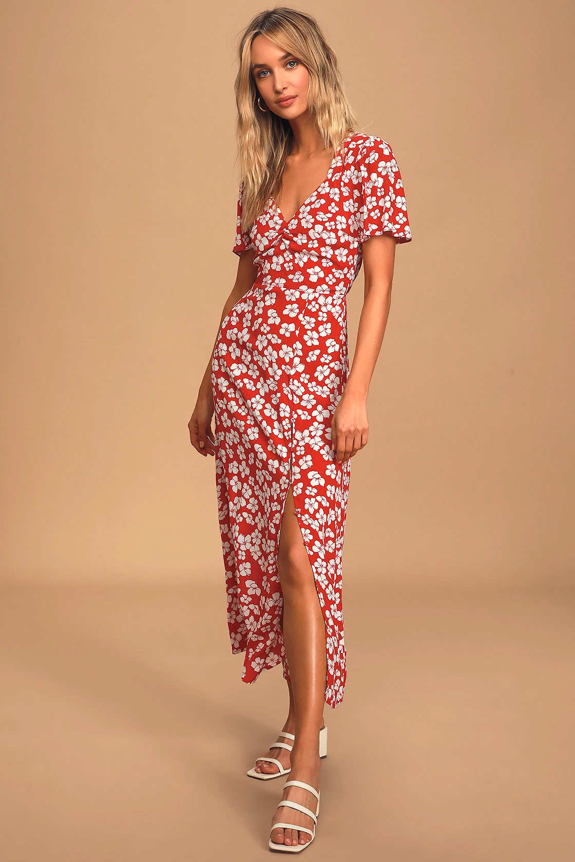 Between You and I Red Floral Print Short Sleeve Midi Dress | Lulus