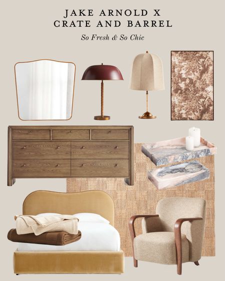 NEW! Jake Arnold x Crate and Barrel bedroom furniture and bedroom decor collection!
-
Velvet upholstered bed - wood dresser - metal and suede table lamp - woven linen lampshade lamp - curved mirror - floral tapestry art - upholstered linen arm chair - checkered jute rug - marble trays - coffee table decor - living room lighting - living room decor #tablelamps #bedroomdecor #neutralbedroom

#LTKhome #LTKFind