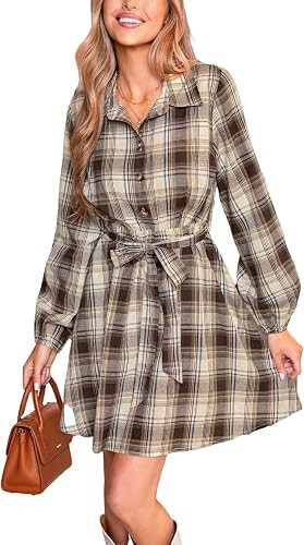 CUPSHE Women's Plaid Fall Dresses Collared Long Sleeve Belted Tie Front Button Up Shirt Mini Dres... | Amazon (US)