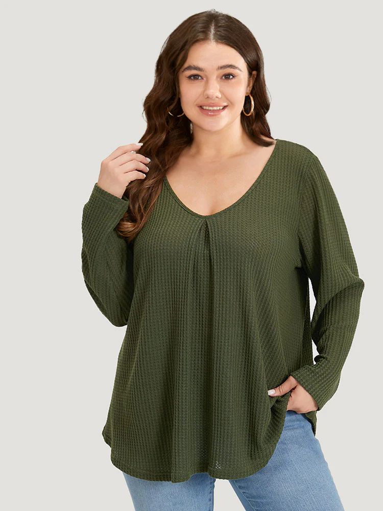 Plain Waffle Knit Scoop Neck Plicated Detail T-shirt | Bloomchic