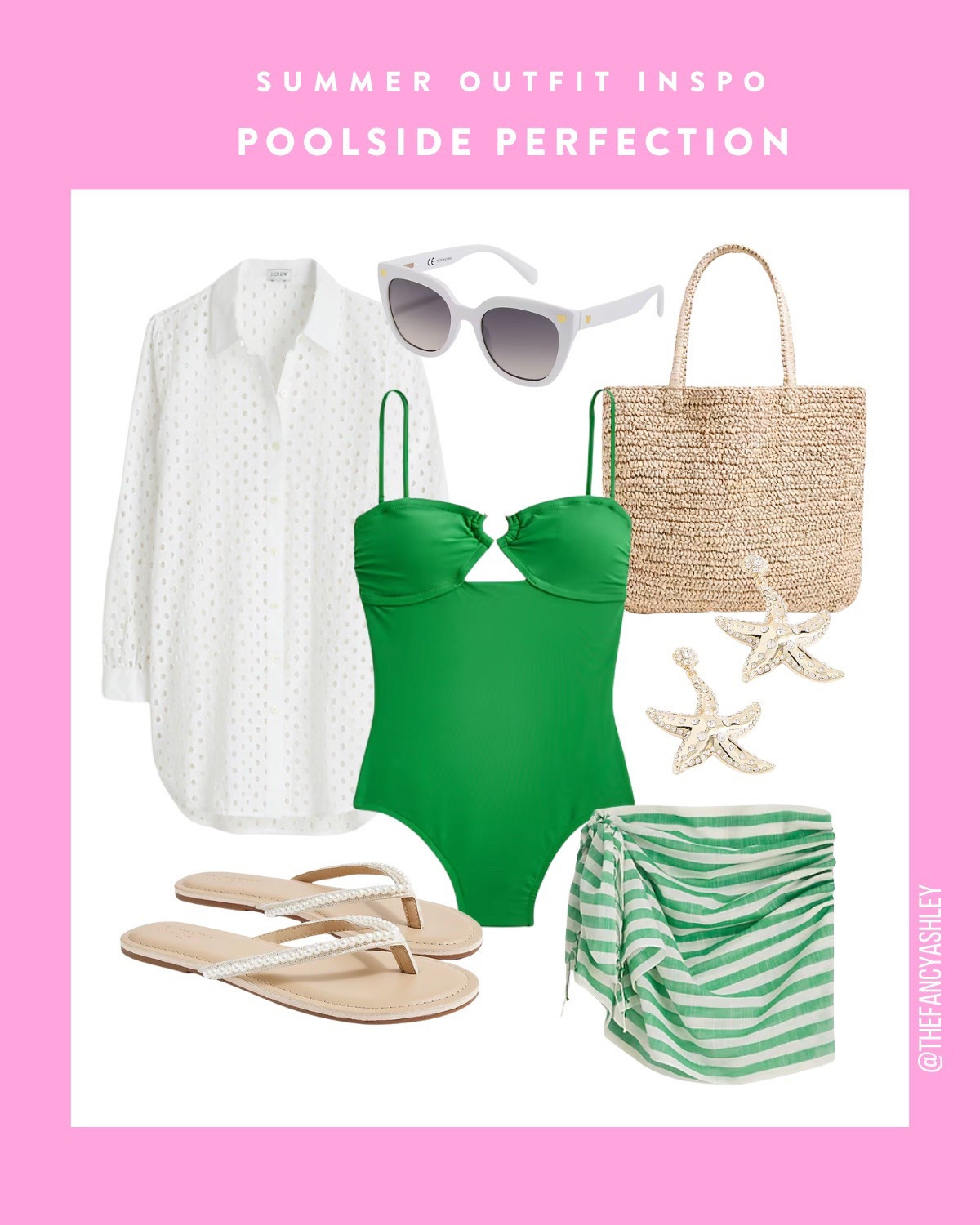 Summer outfit inspo: This poolside look is absolute summer perfection—I'm obsessed! Styled the cutest J.Crew-inspired outfit featuring a gorgeous green one-piece, darling cover-up, sandals, chic straw tote, sunnies, and beachy starfish earrings for extra fab vibes—literal perfection for your next pool day. 

#LTKSwim #LTKSeasonal #LTKSummerEdit