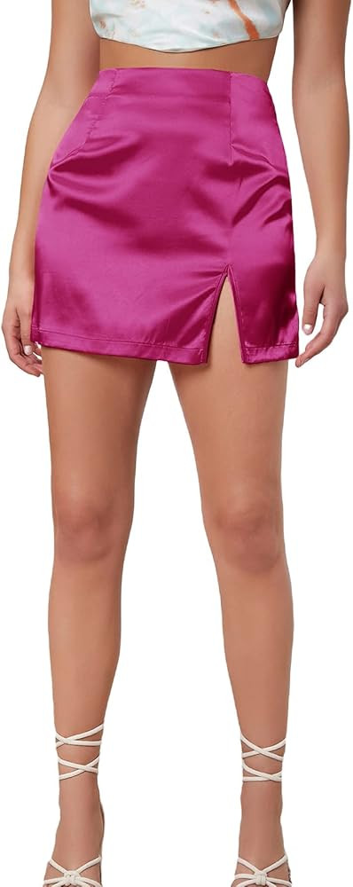 MakeMeChic Women's Satin Silk High Waist Split Hem Zipper Mini Short Skirt | Amazon (US)