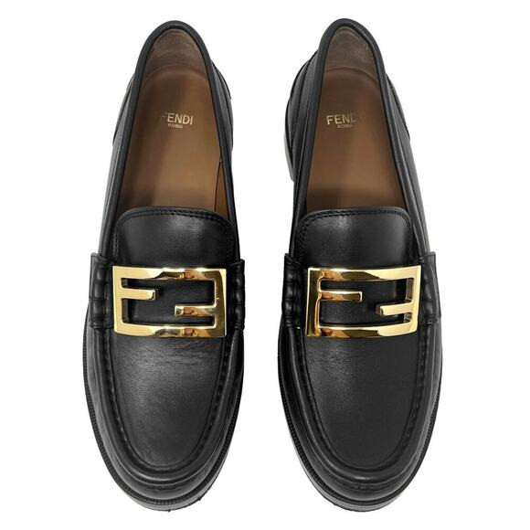 Fendi‎ Women’s Black Leather Loafers Gold Baguette Logo Plaque EU 39 | Poshmark