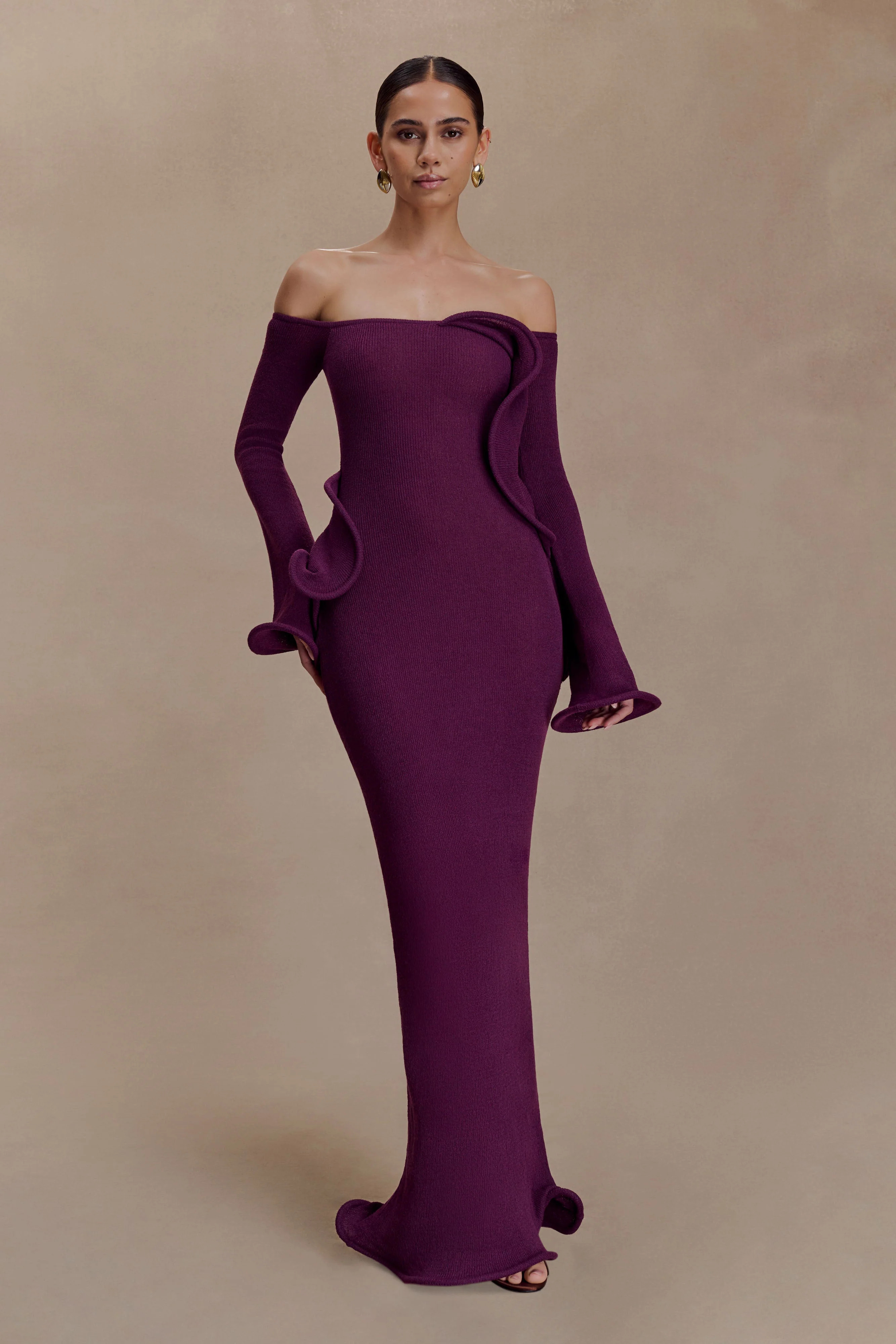 Off Shoulder Knit Maxi Dress - Plum | MESHKI US