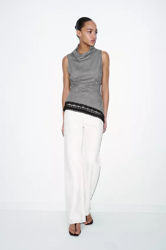 ASYMMETRIC HEM HOUNDSTOOTH LACE TOP | Zara US