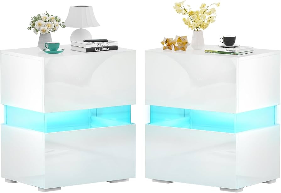 SUPERJARE LED Nightstands Set of 2, Bedside Tables with LED Lights, Night Stands with High Gloss ... | Amazon (US)
