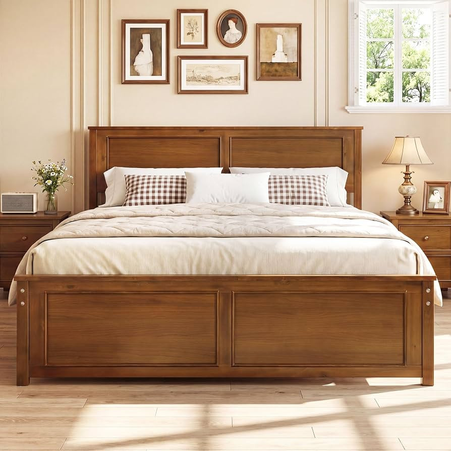 Giantex Wood Queen Size Bed Frame with Headboard, Farmhouse Solid Platform Bed w/Wooden Slat Supp... | Amazon (US)