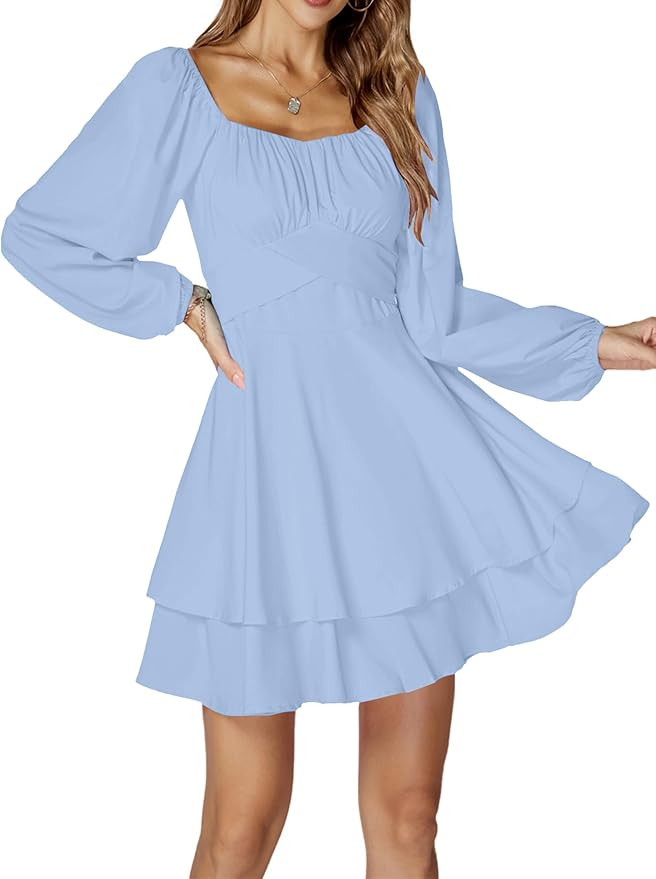 LYANER Women's Lantern Long Sleeve Wrap Tie Back Square Neck Double Layer Ruffle Hem A Line Short... | Amazon (US)