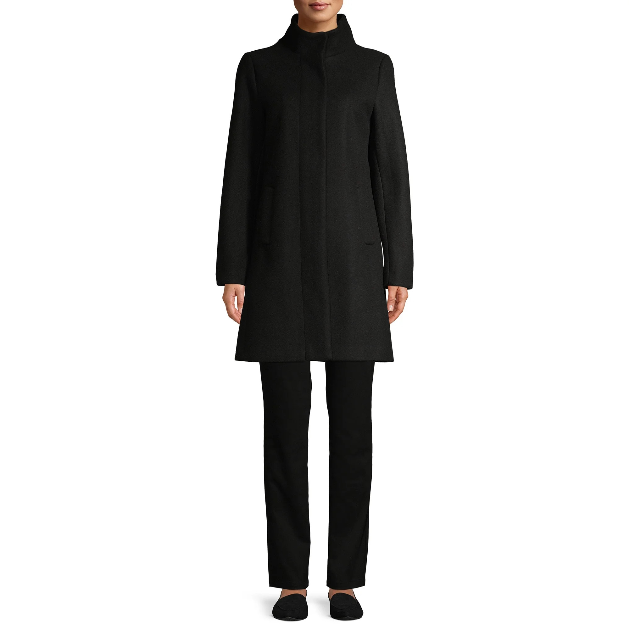 Time and Tru Women's Faux Wool Funnel Neck Coat with Placket | Walmart (US)