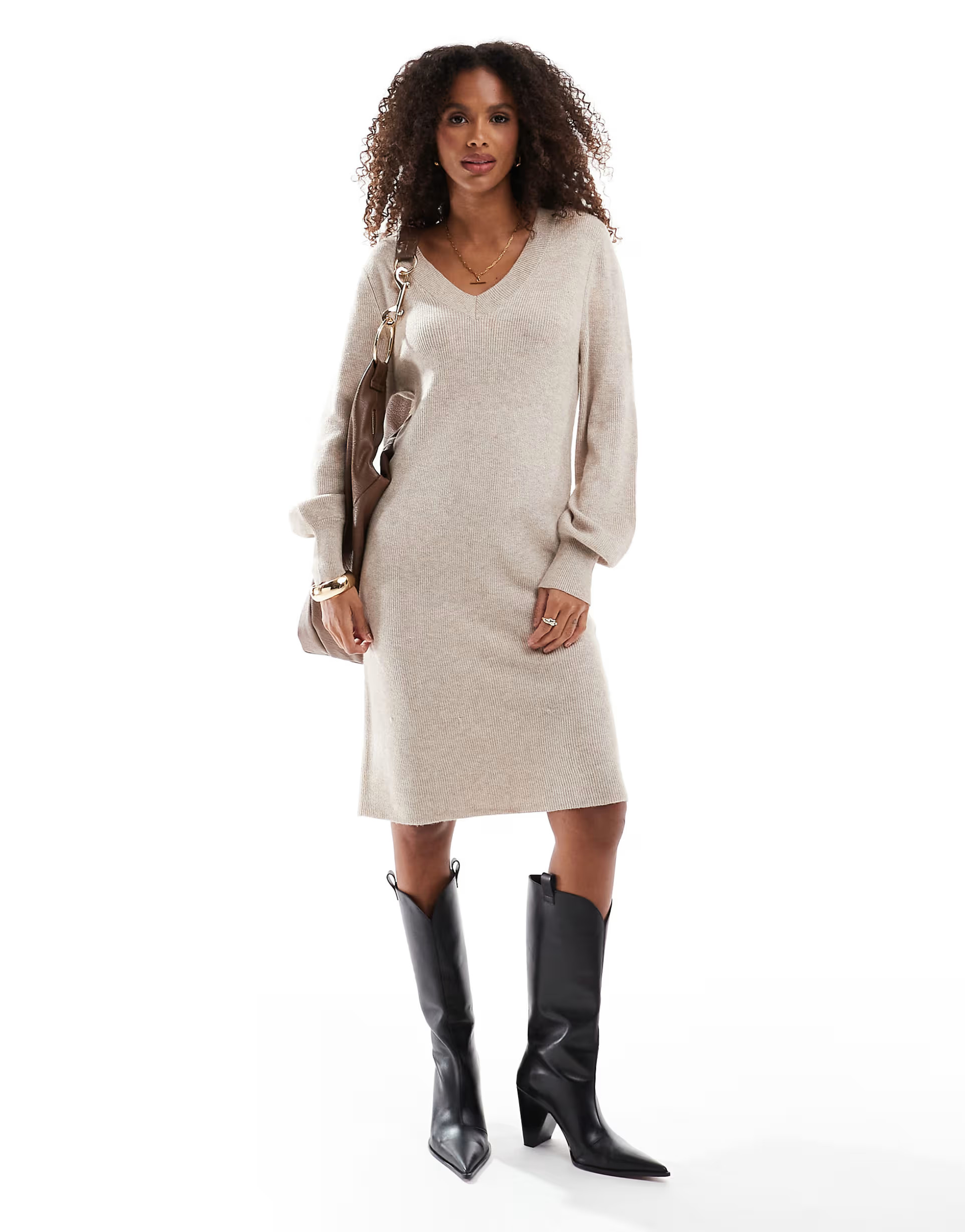 ONLY – Midi-Strickkleid in Beige mit V-Ausschnitt | ASOS (Global)