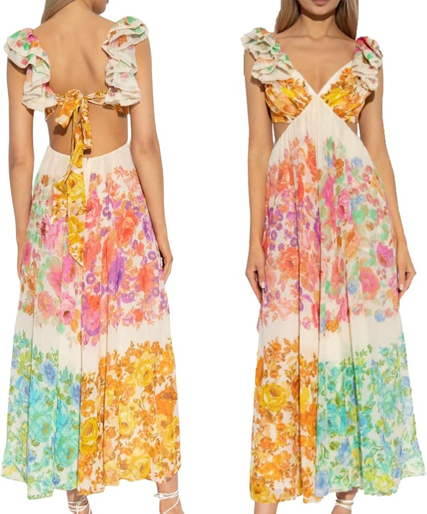 Aurelio Floral Dress, 2024 New Aurelio Floral Dress, Women's Boho Flowy V-Neck Floral Midi Dress | Amazon (US)