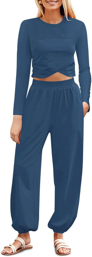 Fisoew Women's 2 Piece Lounge Sets Casual Long Sleeve Crossover Crop Tops Jogger Pants Tracksuits... | Amazon (US)