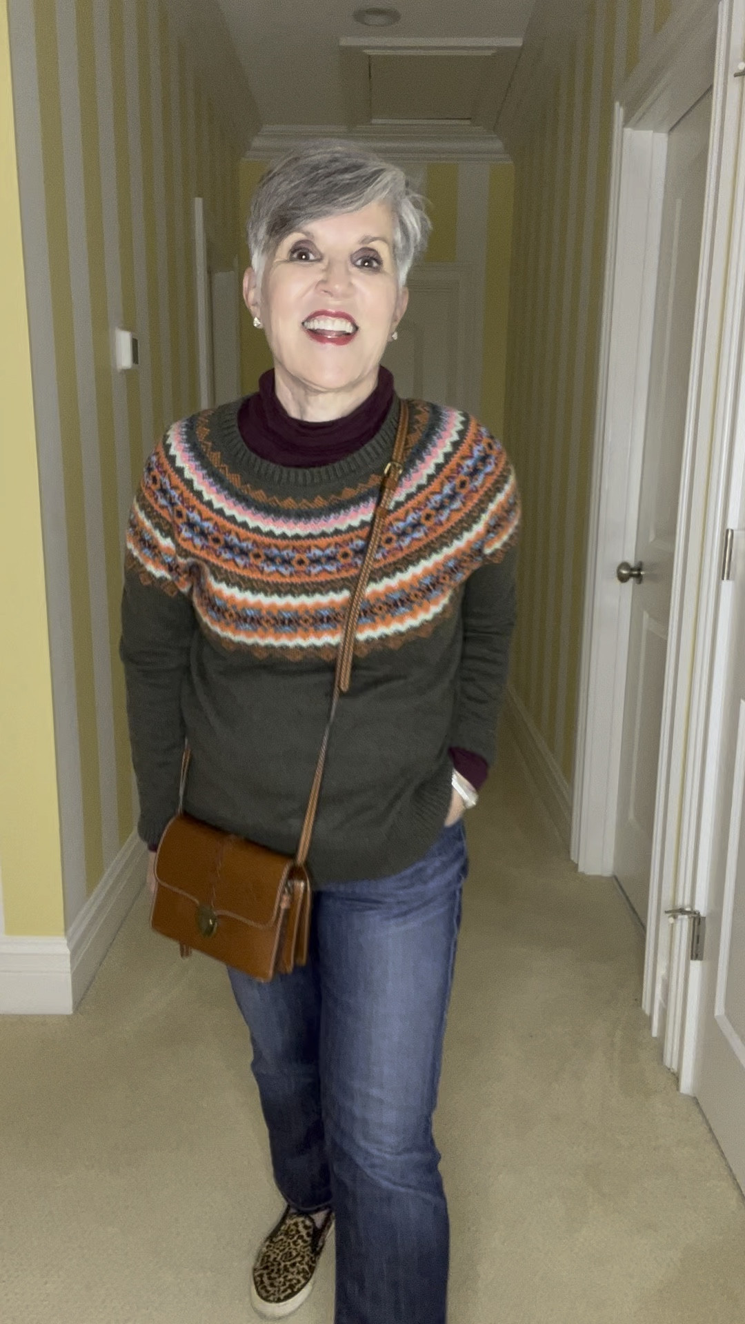 Great casual fall look!  A Fair Isle pullover (sold out) but lots of great choices below ⬇️!  Add an @amazon turtleneck, @madewell boyfriend jeans, and leopard 🐆 slip ons!  Finish with a terrific brown @patricianash crossbody!
#denimlooks
#casualandchic
#ltkover40


#LTKfindsunder50 #LTKsalealert #LTKSeasonal