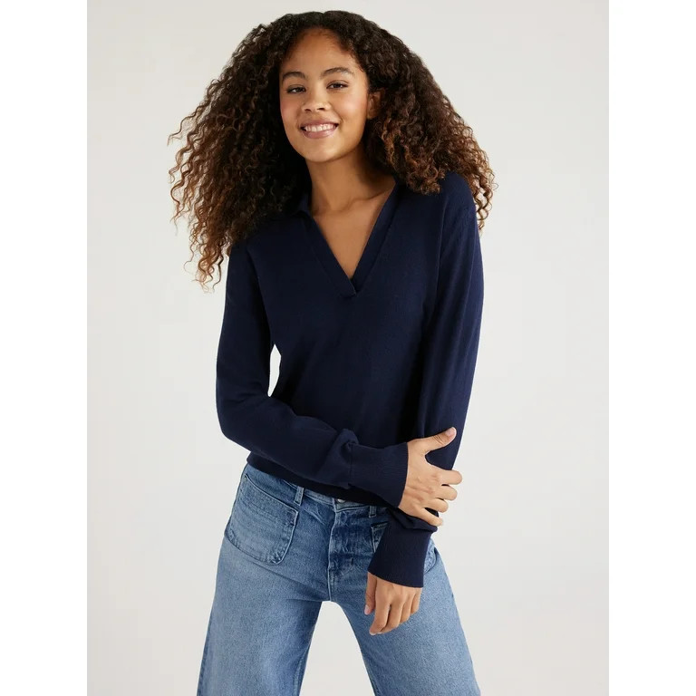 Free Assembly Easy Polo Sweater with Long Sleeves, Lightweight, Sizes XS-XXL | Walmart (US)