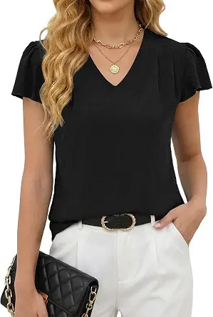 Gleeneat Womens Business Casual Dress Shirts Dressy Ruffle Sleeve Work Top | Summer Short Sleeve ... | Amazon (US)