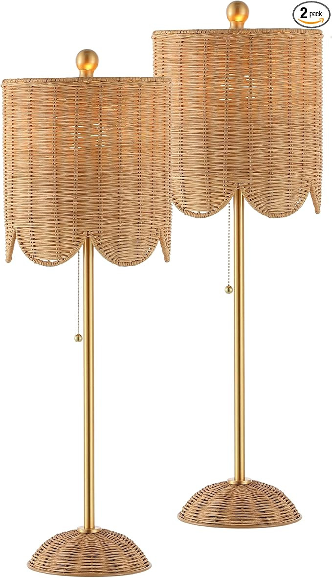 JONATHAN Y 27.5" Brass Gold Coastal Buffet Table Lamp Set of 2 for Bedroom, Boho Table Lamps with... | Amazon (US)