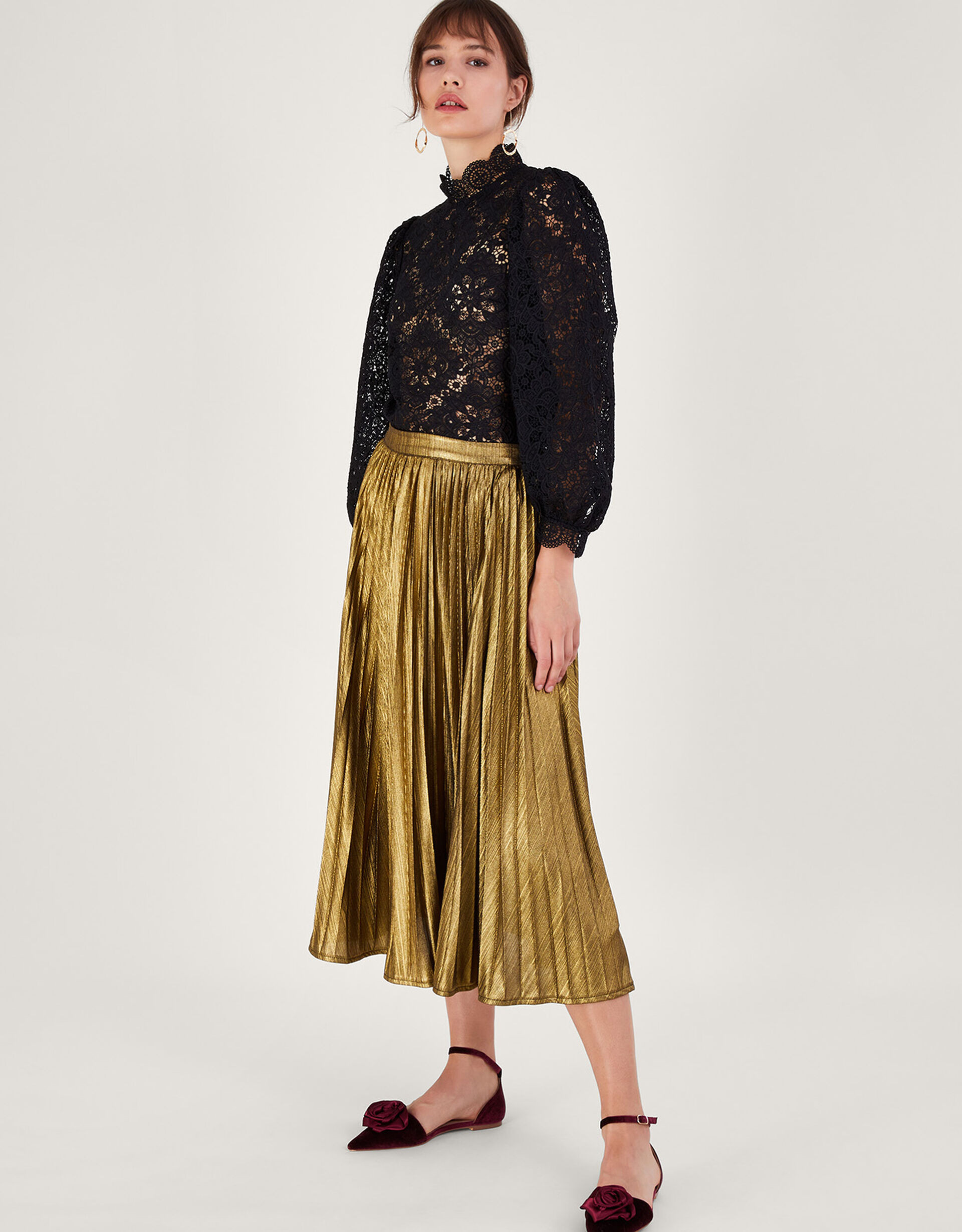 Mia Pleated Midi Skirt Gold | Monsoon (UK)