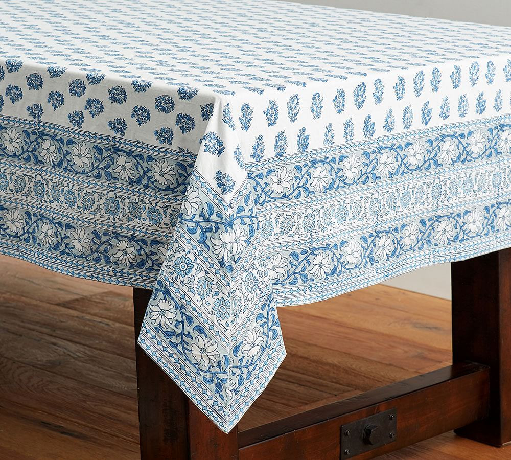 Block Print Floral Cotton Tablecloth - Blue | Pottery Barn (US)