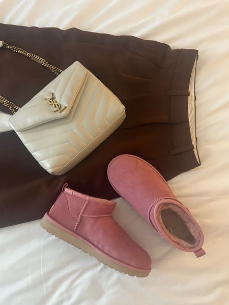 Pink ultra mini ugg boots / white leather purse / white YSL purse / brown pants / brown work pants / Aritzia cognac effortless pants / winter outfits / spring winter outfits 

#LTKSeasonal #LTKHoliday #LTKstyletip