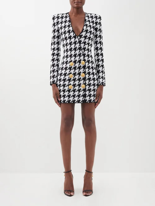 Balmain - Double-breasted Houndstooth-knit Blazer Dress - Womens - Black White | Matches (US)