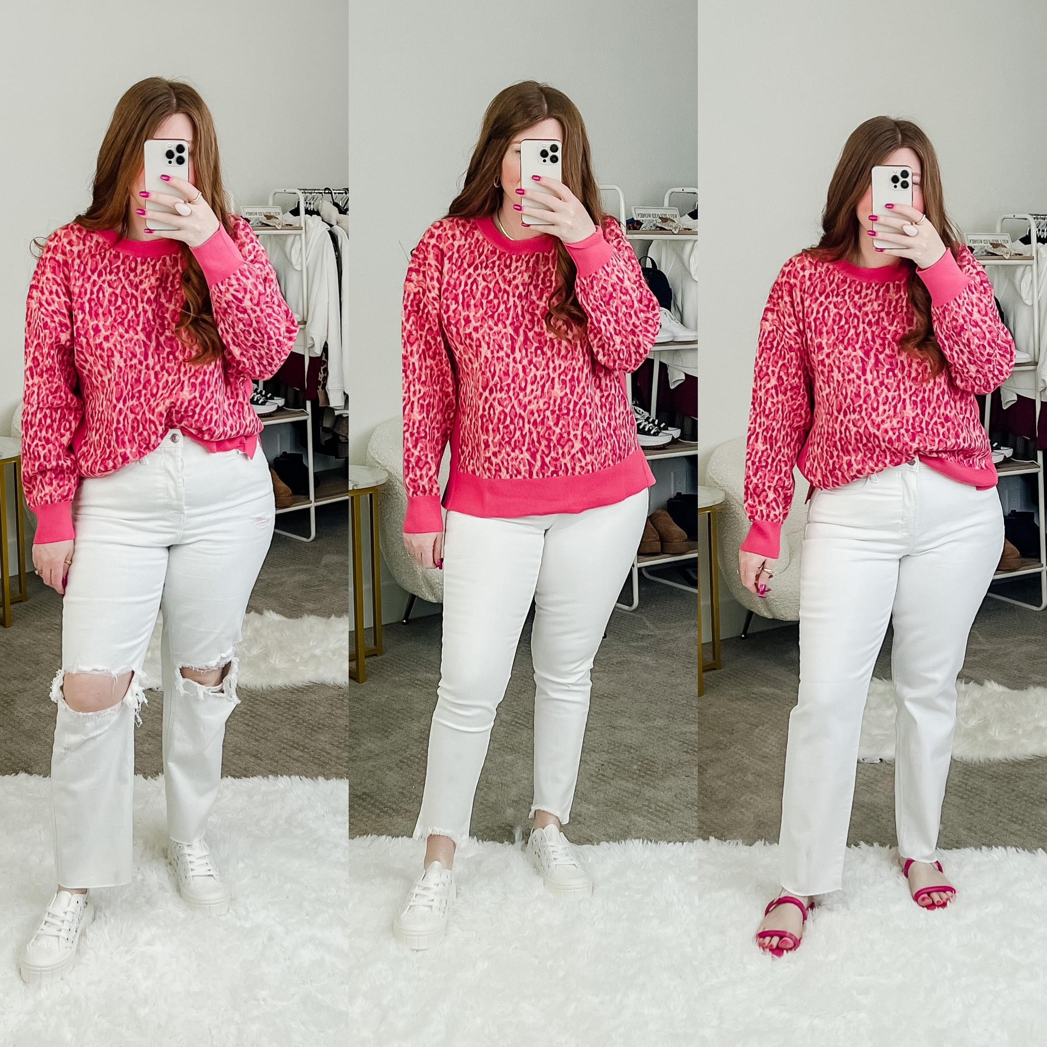 White jeans I’m loving under $40! 

Pair 1: Target jeans sized down one to 8. 
Pair 2: skinny white jeans from Walmart wearing size 8. Super stretchy. 
Pair 3: sized down to 8. Straight leg jeans. Old navy jeans. 

Pink sweatshirt size large on sale too! 

#LTKunder50 #LTKsalealert #LTKstyletip