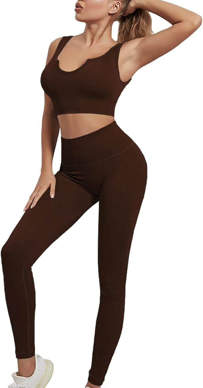 MATIRD Workout Sets for Women 2 Piece Ribbed Seamless Yoga Outfits Set High Waist Leggings Sports... | Amazon (US)