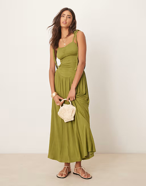 ASOS DESIGN crinkle shirred bodice tie strap cami midi sundress in olive | ASOS | ASOS (Global)