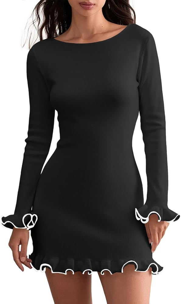 Cicy Bell Womens Ruffle Long Sleeve Mini Dress Bodycon Boat Neck Ribbed Knit Sweater Dresses Eleg... | Amazon (US)