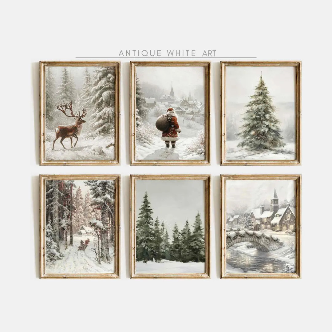 Printable Vintage Christmas Tree Prints, Set of Moody Winter Wall Arts, Santa Claus Print, Farmho... | Etsy (US)