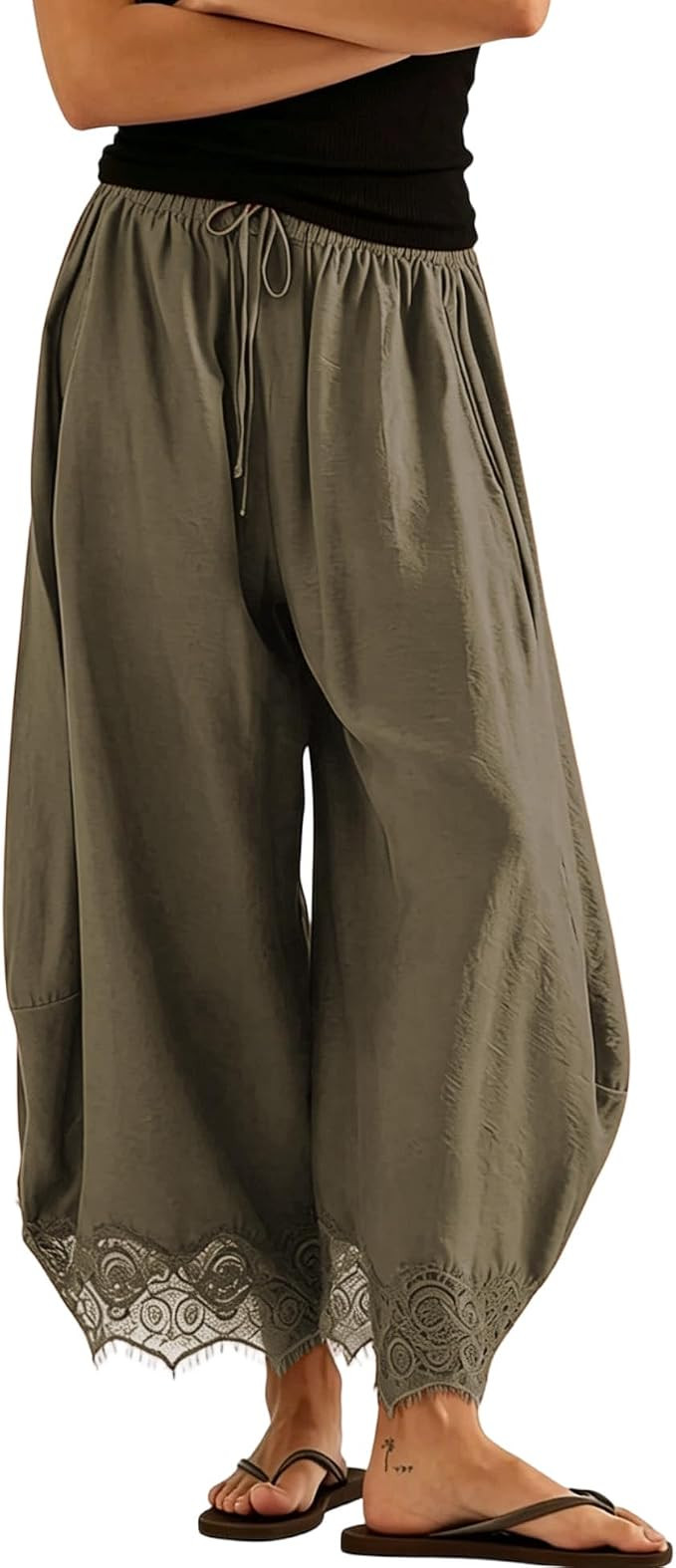 Women's Lace Hem Wide Leg Pants Summer Drawstring High Waist Ruffle Boho Beach Vacation Barrel Pa... | Amazon (US)